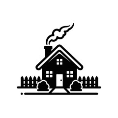 A black and white illustration of a house with smoke coming from the chimney and a picket fence