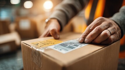 ultra-realistic close-up on a worker's hands placing a shipping label onto a cardboard box, symbolizing the final step before an item is sent out for delivery, photorealistic