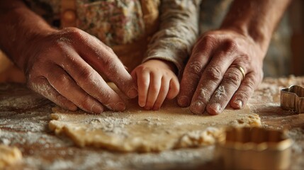 ultra-realistic close-up on the father's larger hands gently guiding his daughter's small hands as they use a cookie cutter on the rolled-out dough, symbolizing teaching and connection