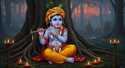 Digital illustration of lord krishna playing a flute with oil lamps and temples in the background