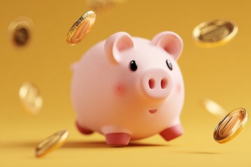 A cheerful pink cartoon piggy bank with a smiling face, surrounded by floating gold coins. The vibrant yellow background enhances the playful and joyful atmosphere.
