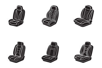 Collection of Six Unique and Modern Car Seat Designs in Black and White Offering Comfort and Style for Vehicle Interiors
