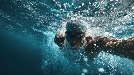 underwater shot, athlete in perfect breaststroke form exhaling bubbles underwater, dynamic motion, clear blue ocean water, cinematic and authentic