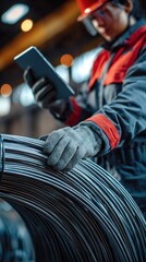 vertical shot, close-up of female worker gloved hands feeling the surface of steel pipe coil while engineer points at tablet screen, industrial background, authentic and cinematic