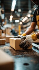 vertical shot, close-up of employee gloved hands taping up a cardboard box on workbench, blurred warehouse interior behind, authentic and cinematic