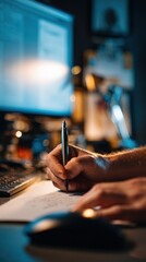vertical shot, close-up of photographer hand on mouse and editor hand writing notes, creative workspace blurred behind, authentic and cinematic