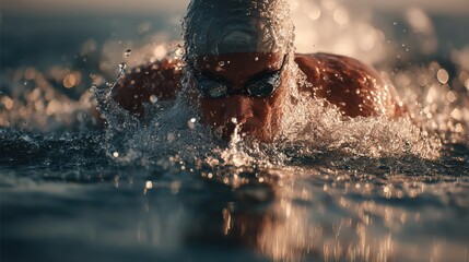 wide shot, determined athlete swimming breaststroke in open ocean, head breaking the water surface to exhale, shimmering sunlight reflecting on water, cinematic and ultra-realistic, authentic training