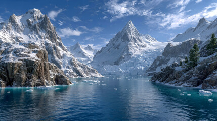 Majestic snow-capped mountains rise dramatically above a tranquil icy lake, reflecting the clear blue sky and surrounded by rugged cliffs and scattered icebergs, showcasing nature's beauty