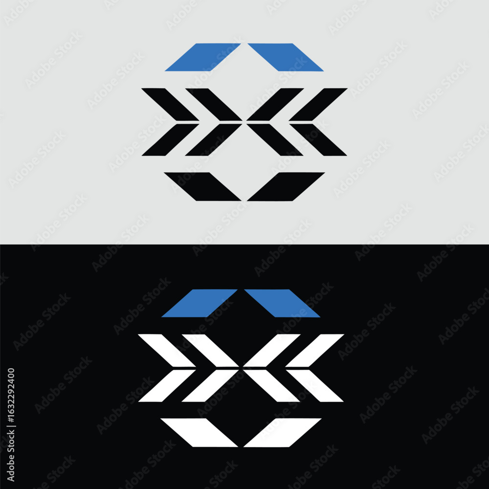 Poster a captivating geometric pattern featuring a harmonious blend of blue and black shapes, creating a vi