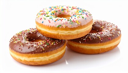 "Stack of three donuts with pink, white, and chocolate icing, topped with colorful sprinkles