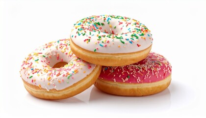 "Stack of three donuts with pink, white, and chocolate icing, topped with colorful sprinkles
