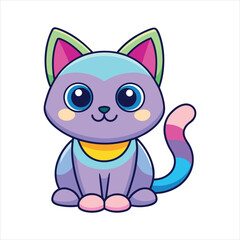 Cute Purple Cartoon Cat with Colorful Tail and Ears Vector Illustration