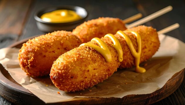 Golden corn dogs on sticks with zigzag mustard and dipping bowl on a rustic wooden board - Powered by Adobe
