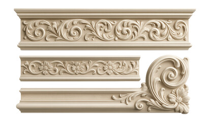 Ornate decorative molding with intricate floral and swirl patterns in a classical design on transparent background.