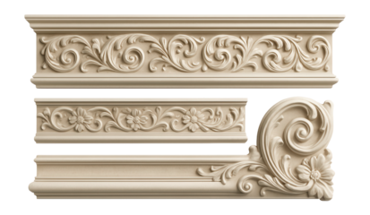 Ornate decorative molding with intricate floral and swirl patterns in a classical design on transparent background.