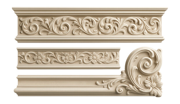 Ornate decorative molding with intricate floral and swirl patterns in a classical design on transparent background.