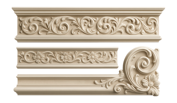 Ornate decorative molding with intricate floral and swirl patterns in a classical design on transparent background.