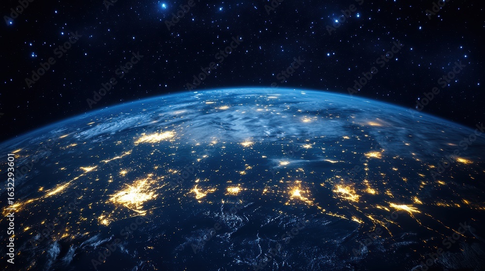 Poster earth from space at night with luminous city lights forming intricate patterns across continents, sc