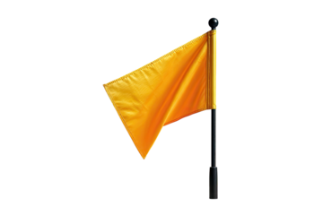 Bright, vibrant, and slightly angled, a mustard yellow flag, or marker flag, on a black pole against a black background