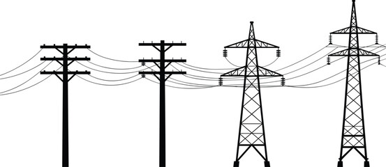 Electric transmission towers, utility poles silhouette, power line vector, high voltage grid, energy distribution lines, electrical infrastructure artwork