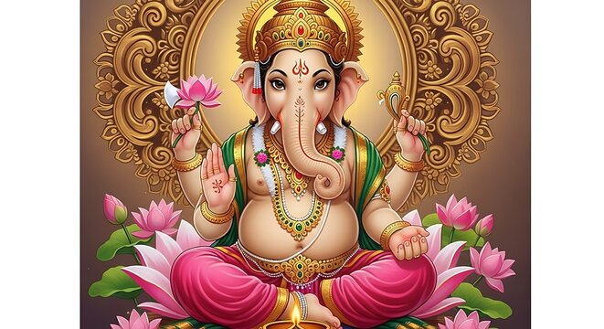Traditional indian illustration of lord ganesha seated on a lotus with golden accents