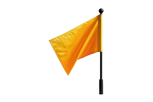 Bright, vibrant, and slightly angled, a mustard yellow flag, or marker flag, on a black pole against a black background
