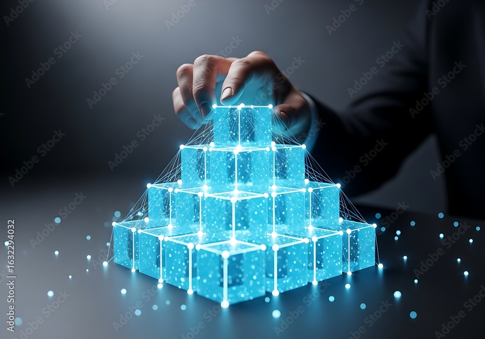 Poster building a secure decentralized blockchain network with interconnected digital cubes and a human han
