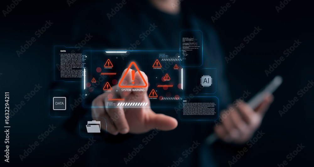 Poster businessman touching virtual system warning alert on futuristic interface, concept of cybersecurity 