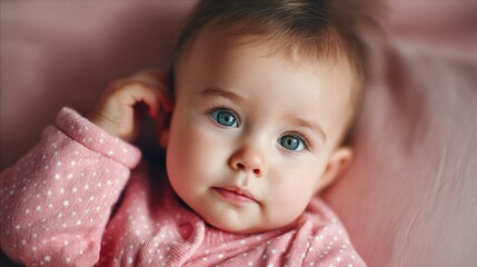 Close-up of an adorable baby with bright blue eyes looking directly at the camera, wearing a pink polka-dot onesie.