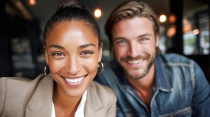 Close-up of a happy couple smiling directly at the camera. They exude joy and warmth, perfect for a positive vibe.