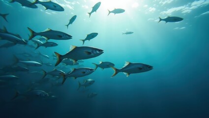 Fototapeta premium School of fish swimming in the deep blue ocean.
