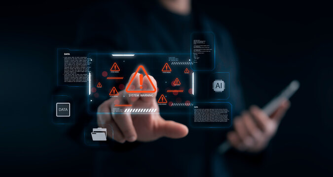 Businessman touching virtual system warning alert on futuristic interface, concept of cybersecurity breach, data risk or digital system failure in AI technology and digital environment