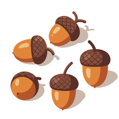 Five acorns with caps in a flat design style  