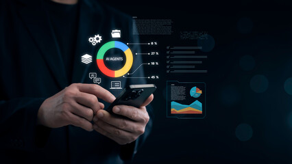 Businessman using smartphone with virtual AI analytics dashboard, showing pie charts, data visualization and technology icons for artificial intelligence performance tracking