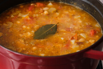 Cast iron pot of home made vegan Minestrone soup