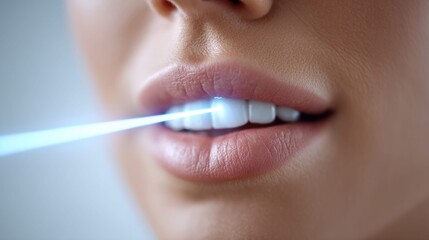 Close-up of a person's mouth undergoing teeth whitening treatment, with a laser beam illuminating the teeth.