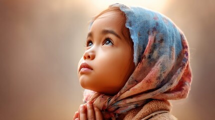 A young girl with a headscarf looks upwards with a thoughtful and hopeful expression, soft focus background.