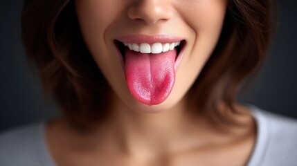 Close-up of a smiling woman with her tongue out, showcasing healthy white teeth and a pink tongue, with a dark background.