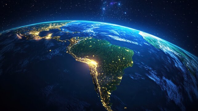 Earth illuminated at night with visible light trails from major cities and highways, realistic satellite perspective above South America