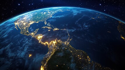 Fototapeta premium Earth illuminated at night with visible light trails from major cities and highways, realistic satellite perspective above South America