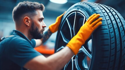 A mechanic in a garage carefully inspects a car tire, wearing protective gloves while working on the vehicle.