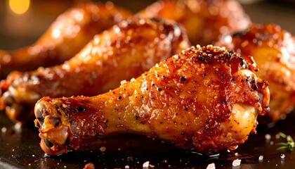 Glazed chicken drumsticks with cracked pepper — close-up caramelized finish