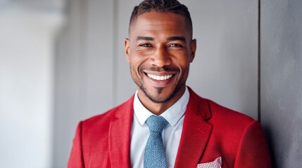 This portrait features a smiling, well-dressed black man in a bright red suit, exuding confidence and positivity. The setting appears professional.