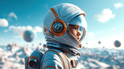 A young astronaut gazes at a distant, otherworldly landscape, pondering the possibilities of exploration in a futuristic, inspiring scene.