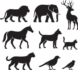Black Silhouette Collection A Variety of Animals Including Mammals and Birds