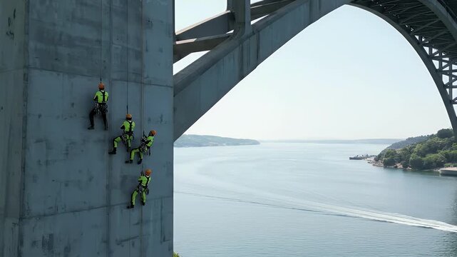 Professional Industrial Rope Access Team Inspecting Massive Bridge Pylon High Altitude Maintenance  Safety Work Over Vast Waterway
