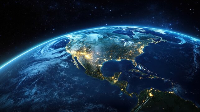 Earth illuminated at night with visible light trails from major cities and highways, realistic satellite perspective above South America