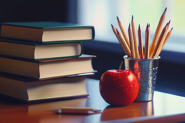 A tall stack of books with pencils in a cup and a shiny red apple on a desk captured with warm atmospheric lighting and a dark softly blurred background

