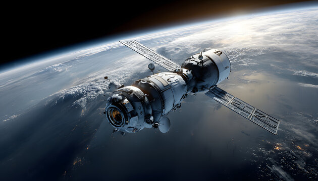 Space craft in outer space near Earth planet.
