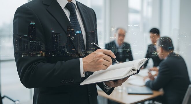 Business Professional Planning and Strategy with Cityscape Overlay